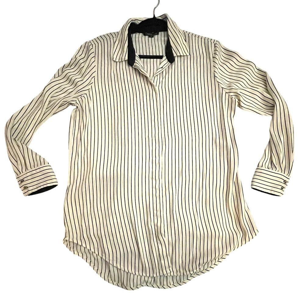 Dalia - WOMAN L Shirt - Vertical Stripe - Black Collar & Cuffs - Button-Up -EUC
